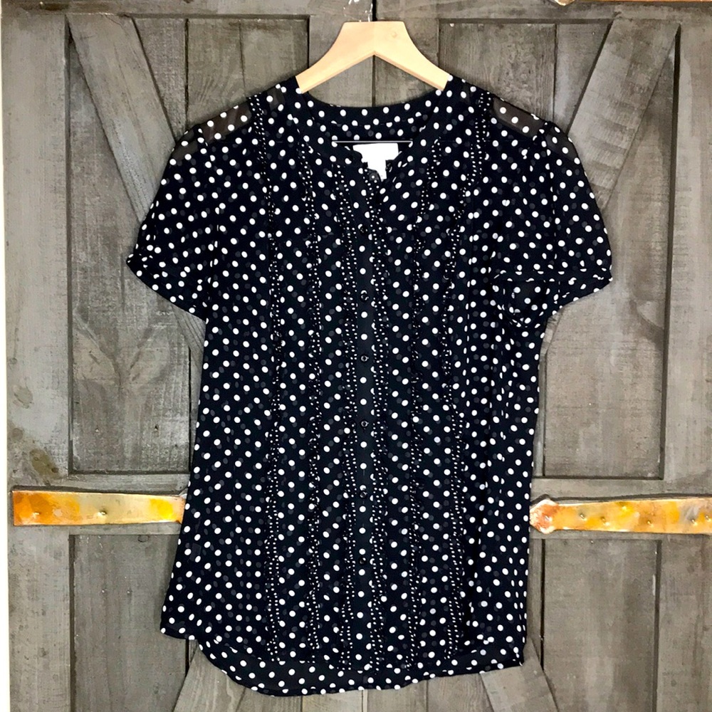 Ann Taylor LOFT Black Blouse w White Polka Dots